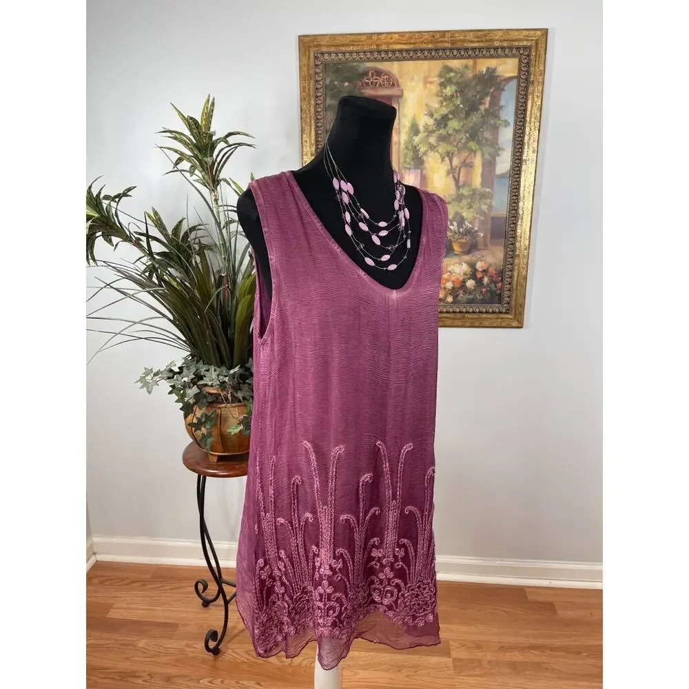 Soft Surroundings Tunic Top Womens Large Mauve Purple Crinkle100% Silk Romantic - Picture 2 of 7
